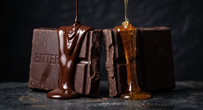A chocolate bar splits into dark melted chocolate on one side and golden honey on the other, visualizing bittersweet emotion.