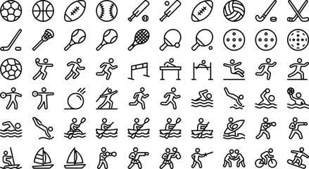 Sports and athletics line icons set featuring ball games track field activities swimming water sports combat martial arts and championship tournament symbols © MDMITHUN