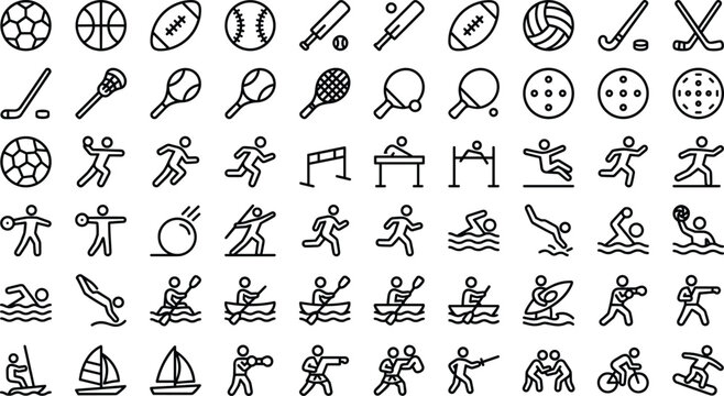 Sports and athletics line icons set featuring ball games track field activities swimming water sports combat martial arts and championship tournament symbols