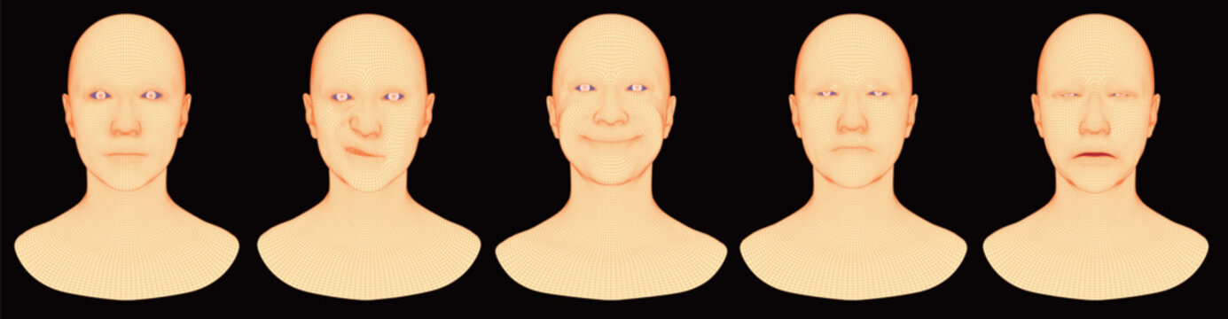 Artificial Intelligence 3D Human Head Wireframe Topology Reference for AI Technology, Facial Expression Blend Shapes, Polygon Mesh, Character Modeling, Facial Rigging, Animation, Digital Human and CGI