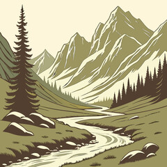 Fototapeta premium Glacier River Mountain Valley Flat Vector Landscape