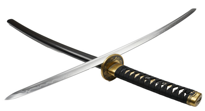 A traditional japanese katana sword with a polished steel blade and golden brass tsuba isolated on a white studio background. Concept of historical weaponry and craftsmanship.