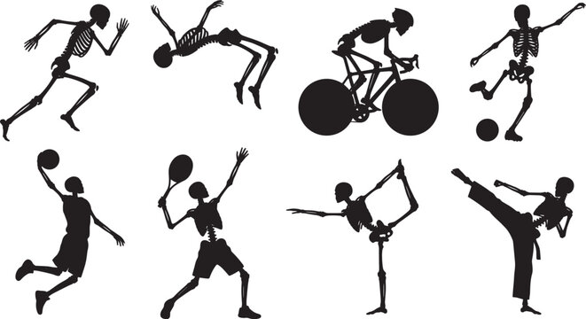 Skeleton Sports Silhouette Collection with Athletic Activities and Fitness Poses for Halloween Vector SetSkeleton Sports Silhouette Collection with Athletic Activities for Halloween Vector Set