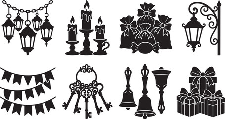 Naklejka premium A collection of black decorative silhouette icons featuring lanterns, candles, floral ornaments, bells, gift boxes, keys, and festive decorations. Ideal for holiday designs, greeting cards, invitation