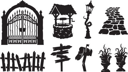 Obraz premium Vintage Outdoor Silhouette Icon Set with Gate Well Lamp Fence Mailbox and Garden ElementsVintage Outdoor Silhouette Icon Set with Gate Well Lamp Fence Mailbox and Garden Elements