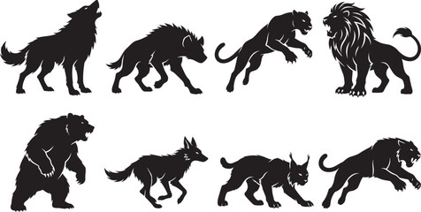 Obraz premium Wild Animal Silhouette Collection Featuring Wolf Lion Bear Panther Hyena Fox and LynxWild Animal Silhouette Collection Featuring Wolf Lion Bear Panther Hyena Fox and Lynx