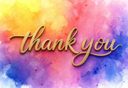 Beautiful watercolor background with elegant golden thank you text for greeting cards