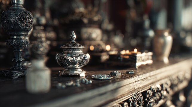 Ornate silver objects on dark carved wood surface