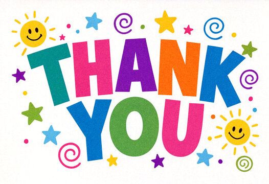 Bright and colorful thank you text with cheerful stars and suns design