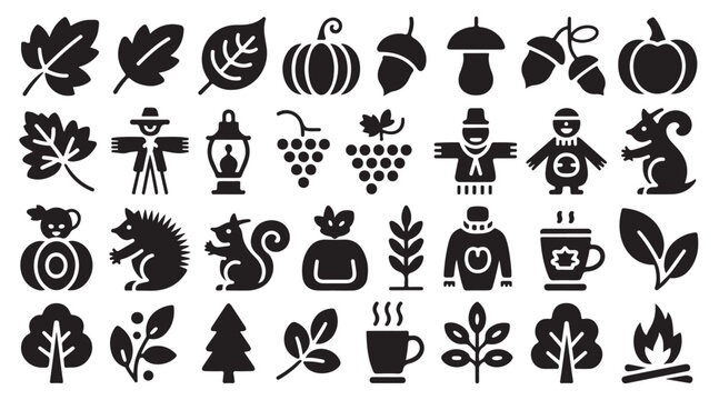 Autumn collection with various leaves animals scarecrows and cozy fall season elements art.