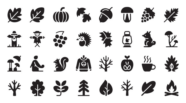 Set of autumn black and white icons, simple vector design, flat style on transparent background.