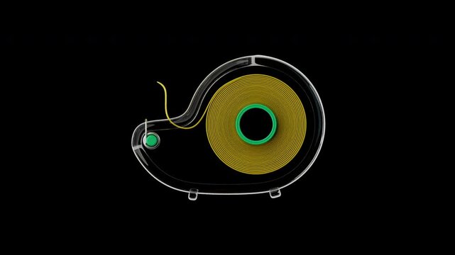 Clear 3D tape dispenser with yellow tape popping and rotating in a 4K looping animation with transparent background, ideal for back-to-school stationery and educational presentation concepts.