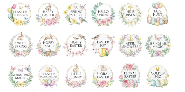 Easter and Spring Celebration Icons with Floral Decorations, Easter Bells, Bunny Gifts, Egg Hunt, Happy Easter Messages