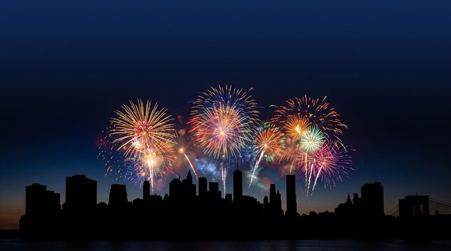 New Year City Skyline Fireworks Background, Urban Night Silhouette with Copy
Space

