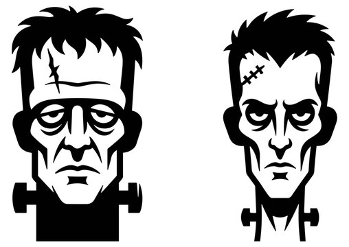 vector illustration of two frankenstein monster heads in black silhouette style on transparent background