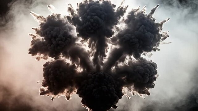 Dark smoke plumes exploding against white bright light.