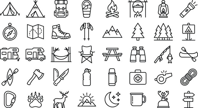 Camping and outdoor recreation line icons set featuring tents backpacks campfires hiking boots rvs maps fishing and wilderness adventure symbols