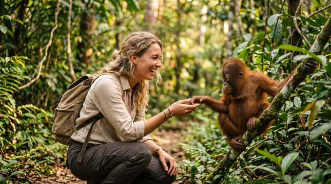 Smiling woman gently touching the hand of a young orangutan climbing on a tree in a lush tropical jungle