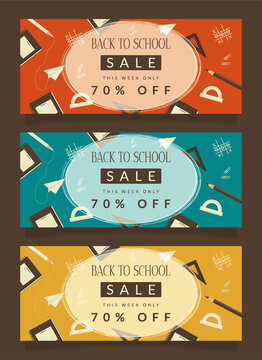 Back to school sale horizontal banners set vector illustration.