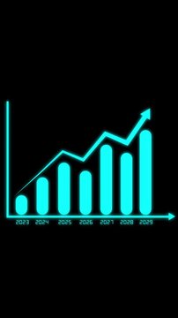 Glowing blue bar chart with rising arrow on a black background, showing steady business growth from 2023 to 2029 in a simple modern digital style