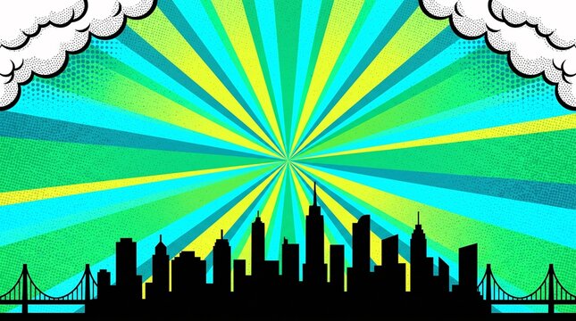 Modern green city skyline featuring cyan radial burst rays and comic-style clouds. Ideal for sustainability campaigns, websites, presentations, promotional materials, and urban graphics.
