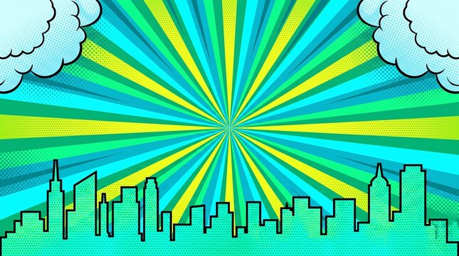 Lime green city skyline with energetic radial sunburst rays and soft comic clouds. Great for eco branding, educational graphics, websites, advertising, and promotional campaigns.