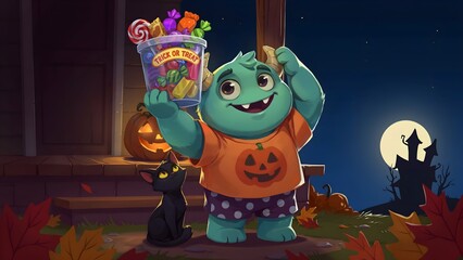 Fototapeta premium Cartoon monster holding a trick or treat bucket digital illustration