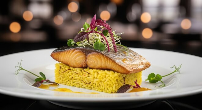 Grilled salmon fish fillet served on a square piece of yellow polenta with fresh green herbs on a fancy dinner plate