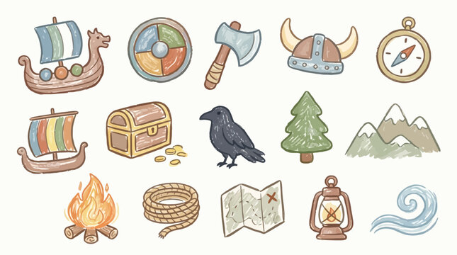Collection of Viking-themed icons including a longship, shield, axe, helmet, compass, treasure chest, raven, tree, mountains, campfire, rope, map, lantern, and wave.
