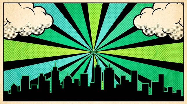 Retro-inspired green city skyline with vintage radial rays and fluffy clouds. Perfect for posters, business branding, travel graphics, and creative editorial projects.