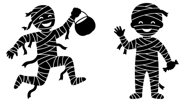 vector illustration of two kids dressed as mummies for Halloween costume on transparent background