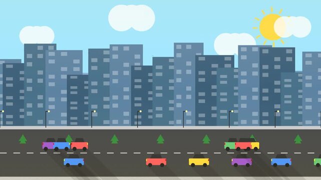 Seamless 2D Pixel Art City Traffic Loop with Cartoon Cars on Highway