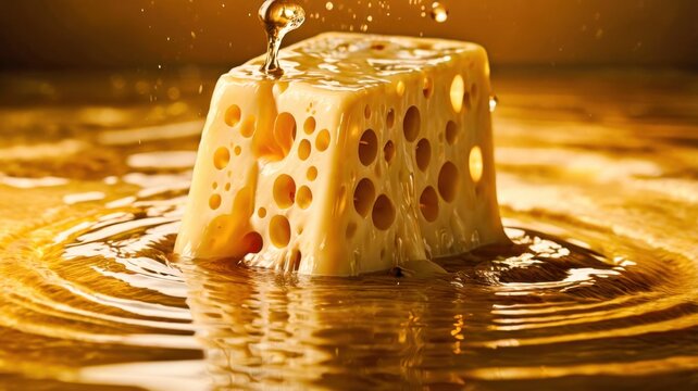 Premium Swiss Emmental Cheese Block Immersed In Golden Liquid High Speed Macro Splash Food Photography Dark Moody Background

