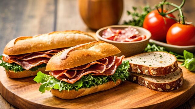 Luxury Food Photography Of Deli Sandwiches Arranged On Wooden Cutting Board With Fresh Ingredients Bowl Of Cherry Tomatoes And Moody Warm Background
