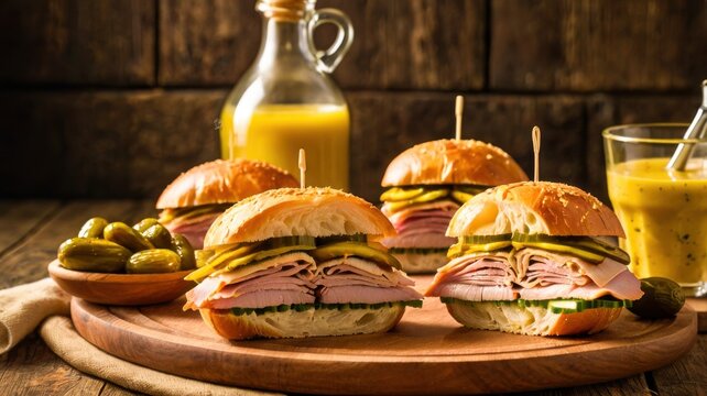 Appetizing Gourmet Sandwich Display On Rustic Wooden Cutting Board With Crusty Bread Sliced Pastrami Ham Cheese Lettuce Tomatoes And Warm Studio Lighting
