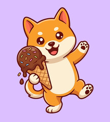 Cute Cartoon Shiba Inu Dog Holding Chocolate Ice Cream Cone