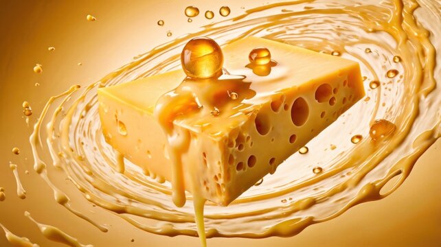 Ultra Detailed Food Photography Of Thick Cheese Sauce Pouring Into A Creamy Pool With Suspended Golden Droplets Rich Texture And Black Contrast Background
