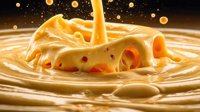 Dynamic Macro Food Photography Of Melted Yellow Cheese Sauce Creating A Crown Splash With Porous Bubbles Glossy Ripples And Warm Dramatic Side Lighting
