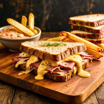 Rustic Restaurant Style Gourmet Pastrami Sandwich Loaded With Thin Sliced Corned Beef Rich Melted Cheese Toasted Seeded Rye Bread Fresh Herbs Golden French Fries And Creamy Dipping Sauce Luxury Food