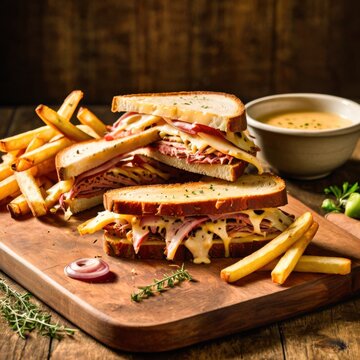 Premium Gourmet Pastrami Sandwich Food Photography With Juicy Corned Beef Melted Cheese Rustic Wooden Serving Board Crispy Golden Fries Creamy Sauce Warm Moody Restaurant Lighting Artisan Bread 