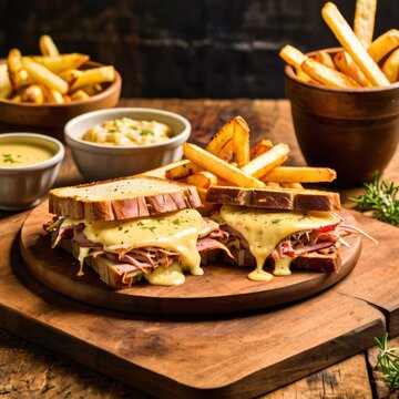 Mouthwatering Commercial Food Photography Featuring Gourmet Hot Pastrami Sandwich With Layered Corned Beef Dripping Melted Yellow Cheese Toasted Seeded Rye Bread Golden French Fries Creamy Dipping