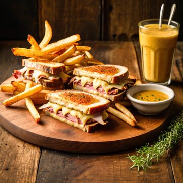 Gourmet Hot Pastrami Sandwich With Melted Cheese Crispy French Fries Rustic Restaurant Food Photography Commercial Gourmet Meal Wooden Board Artisanal Rye Bread Premium Fast Food Advertising Delicious