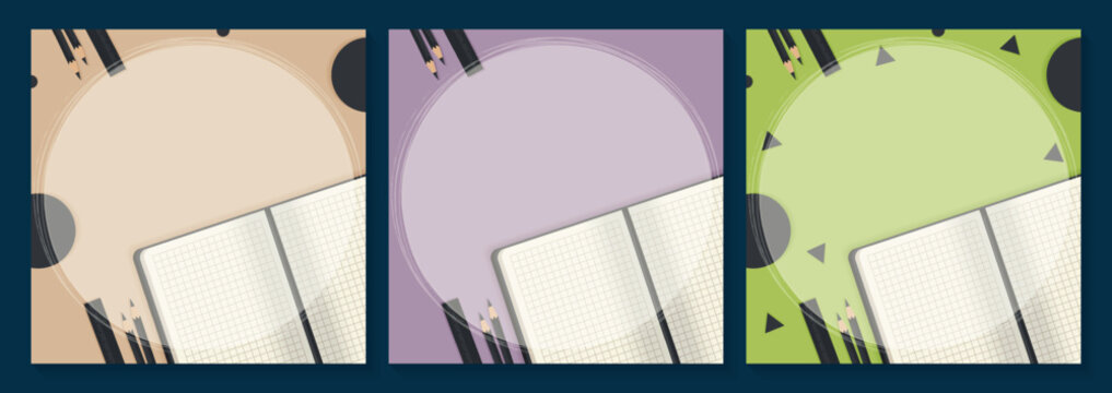 set of empty square square banners with notebook and stationery vector illustration.
