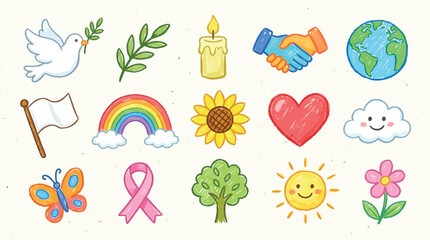 Fototapeta premium Collection of symbols representing peace, hope, love, and nature in a hand-drawn, crayon-like style.