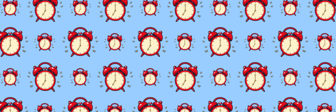 Seamless pattern with vintage red alarm clocks blue vector.