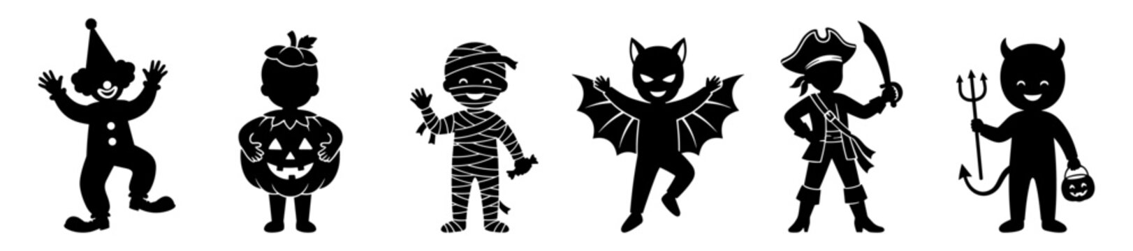 children in halloween costumes silhouette collection clown pumpkin mummy bat pirate devil on transparent background