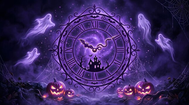 Halloween clock with ghosts and pumpkins in a dark purple atmosphere