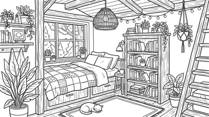 Fototapeta premium Cozy Rustic Cabin Bedroom Interior Coloring Page Black and White Outline Vector Illustration