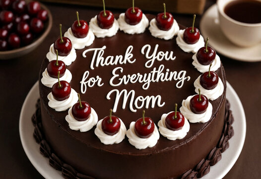 Delicious chocolate cake with cherries and thank you message for mom on top