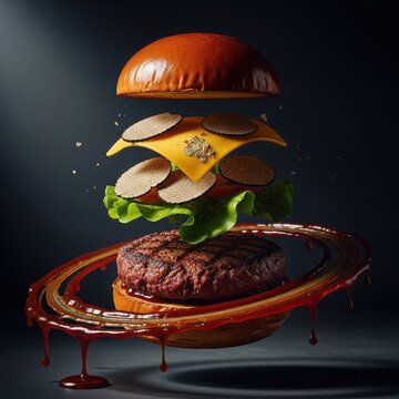 Floating burger with beef patty cheese lettuce and tomato ingredients exploding in the air against a dark black background